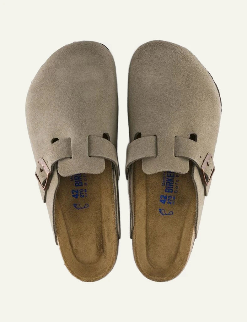 Birkenstock Boston SFB taupe suede clog top view