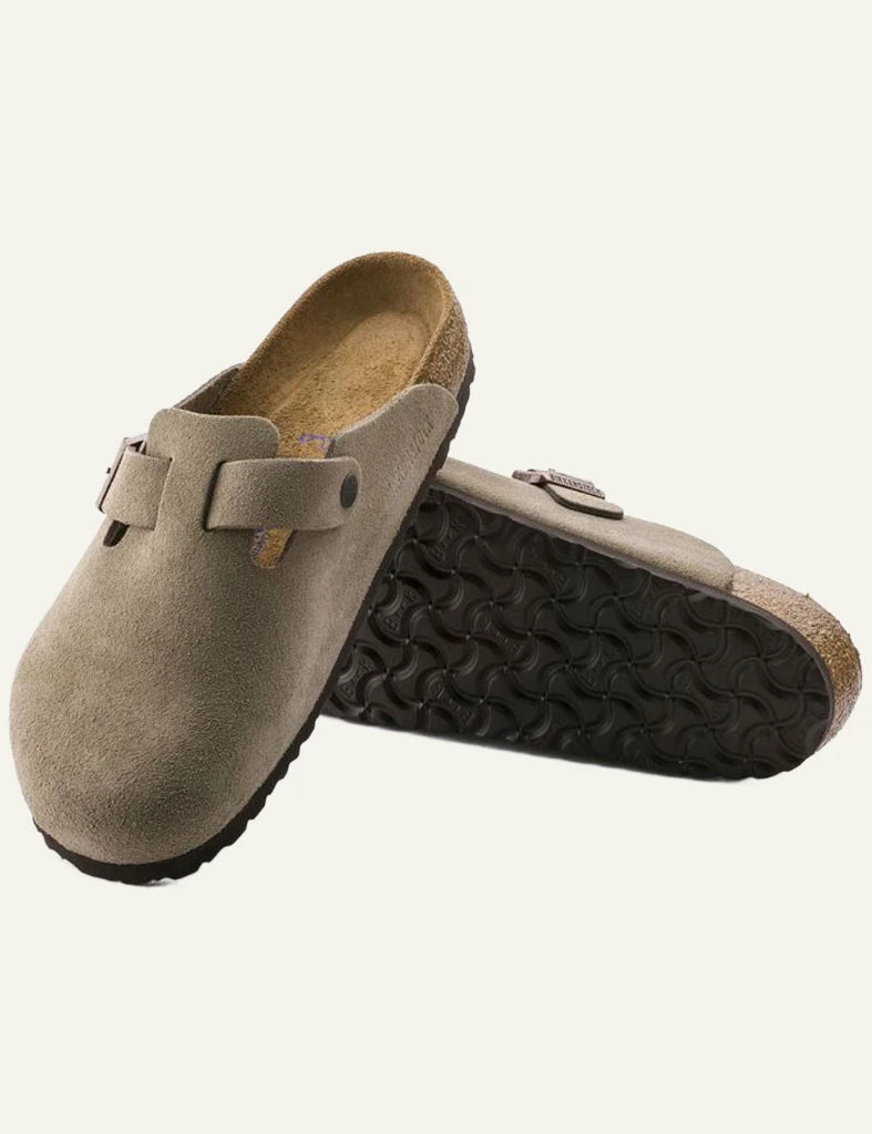 Birkenstock Boston SFB taupe suede clog side sole view