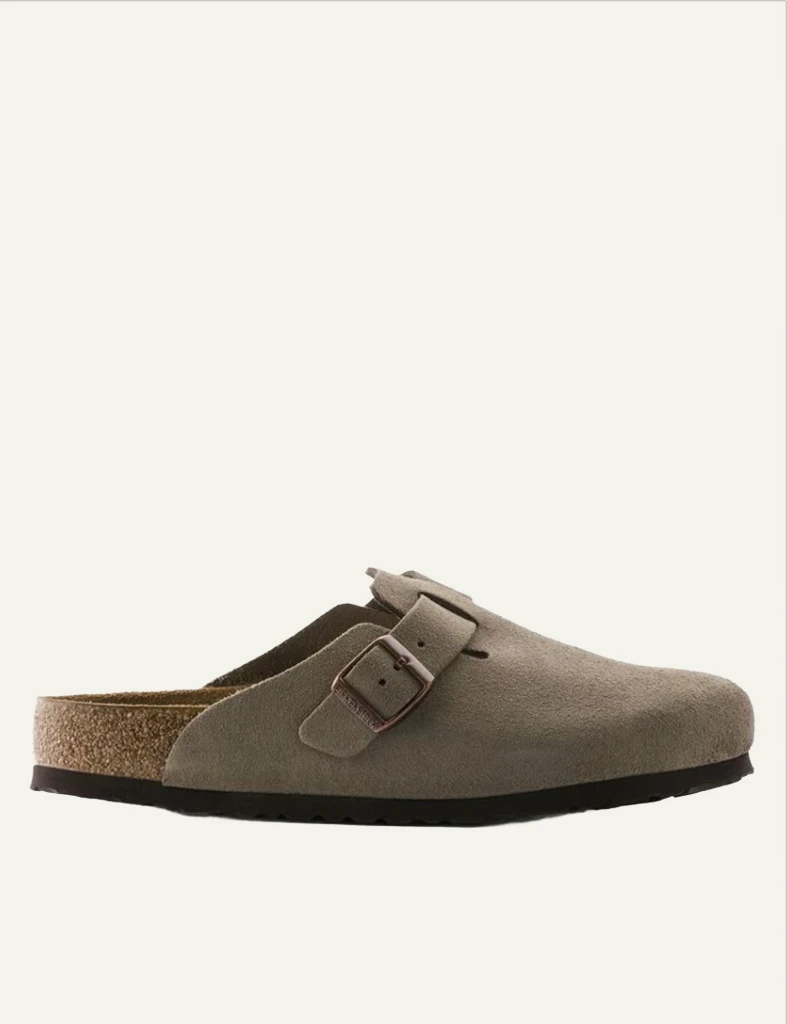 Birkenstock Boston SFB taupe suede clog side view
