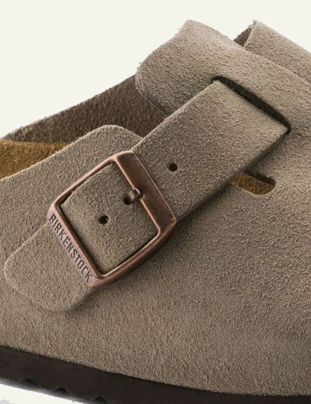 Birkenstock Boston SFB taupe suede clog side detail view