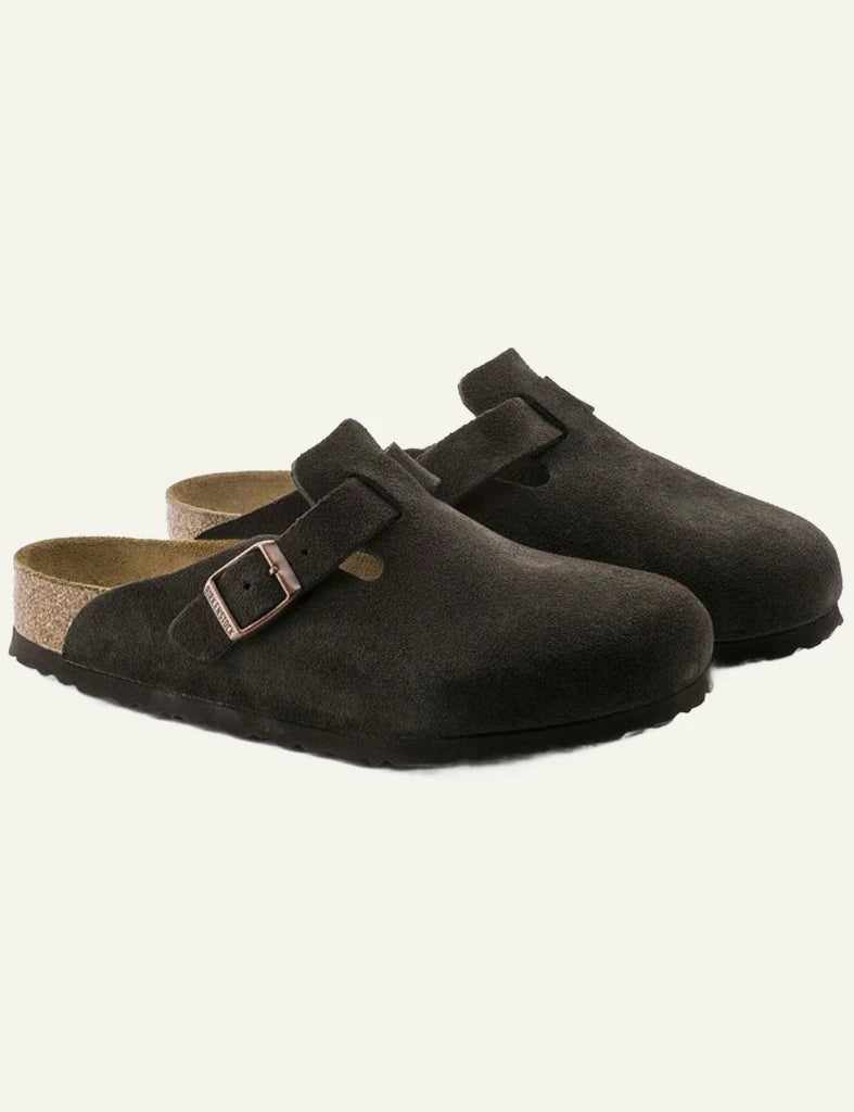 Birkenstock Boston SFB mocca suede clog profile view