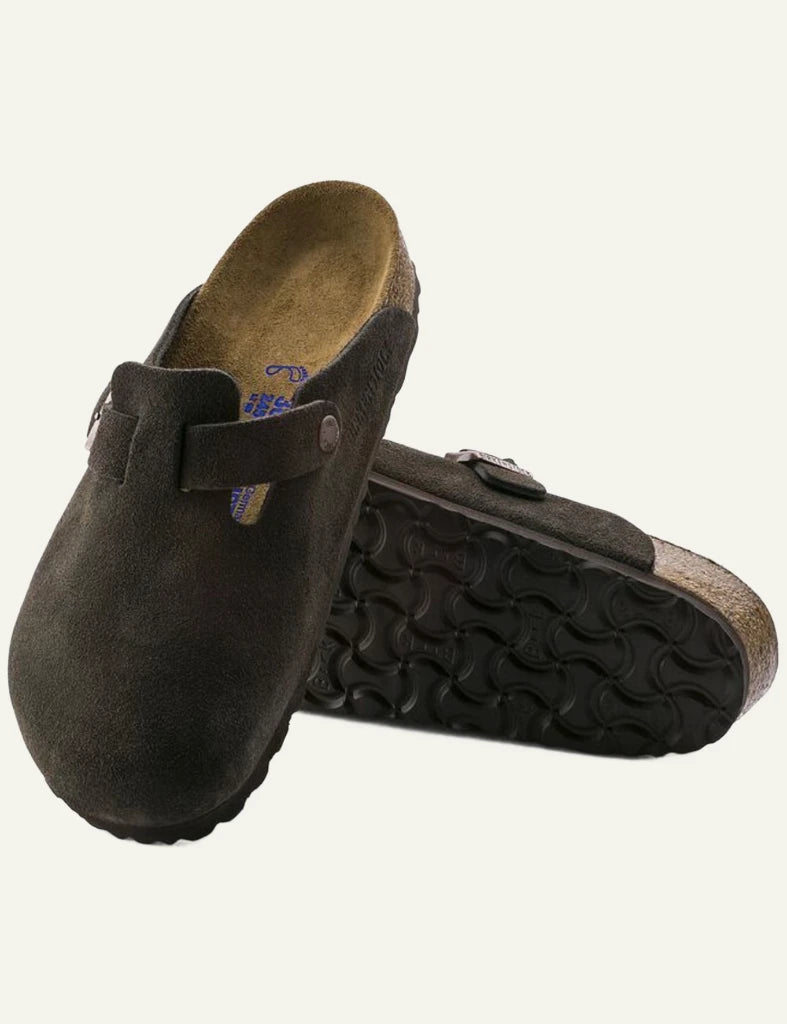 Birkenstock Boston SFB mocca suede clog side sole view