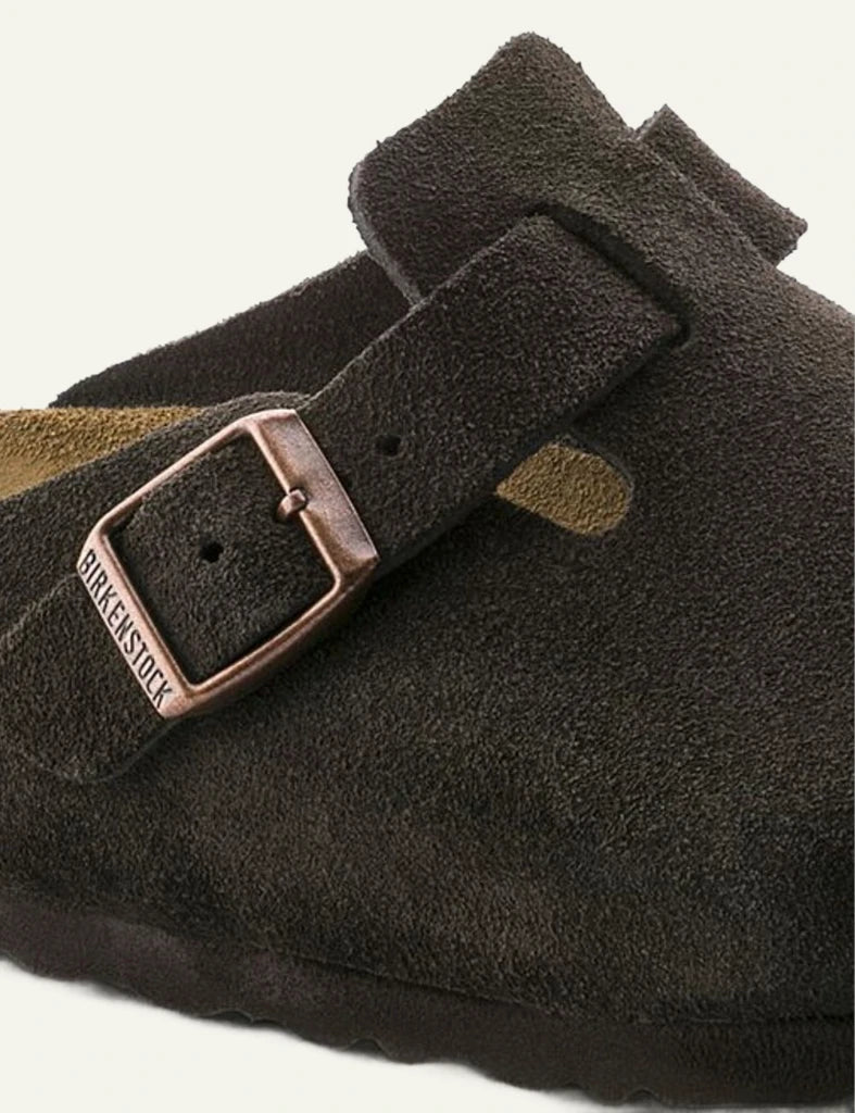 Birkenstock Boston SFB mocca suede clog side detail view