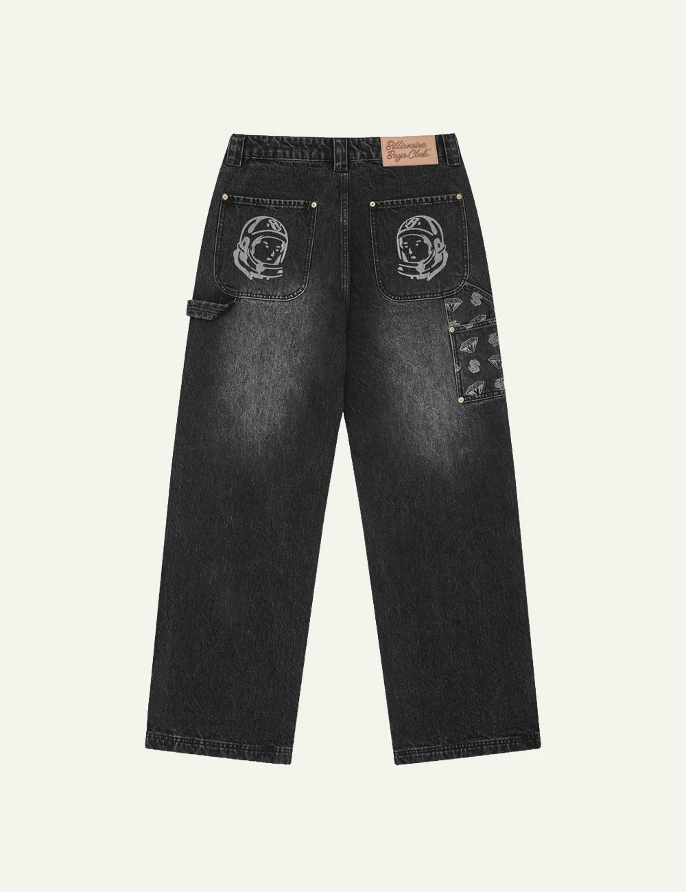 Black Denim Pants With Contrast Printed Patch Panels Back Flat View
