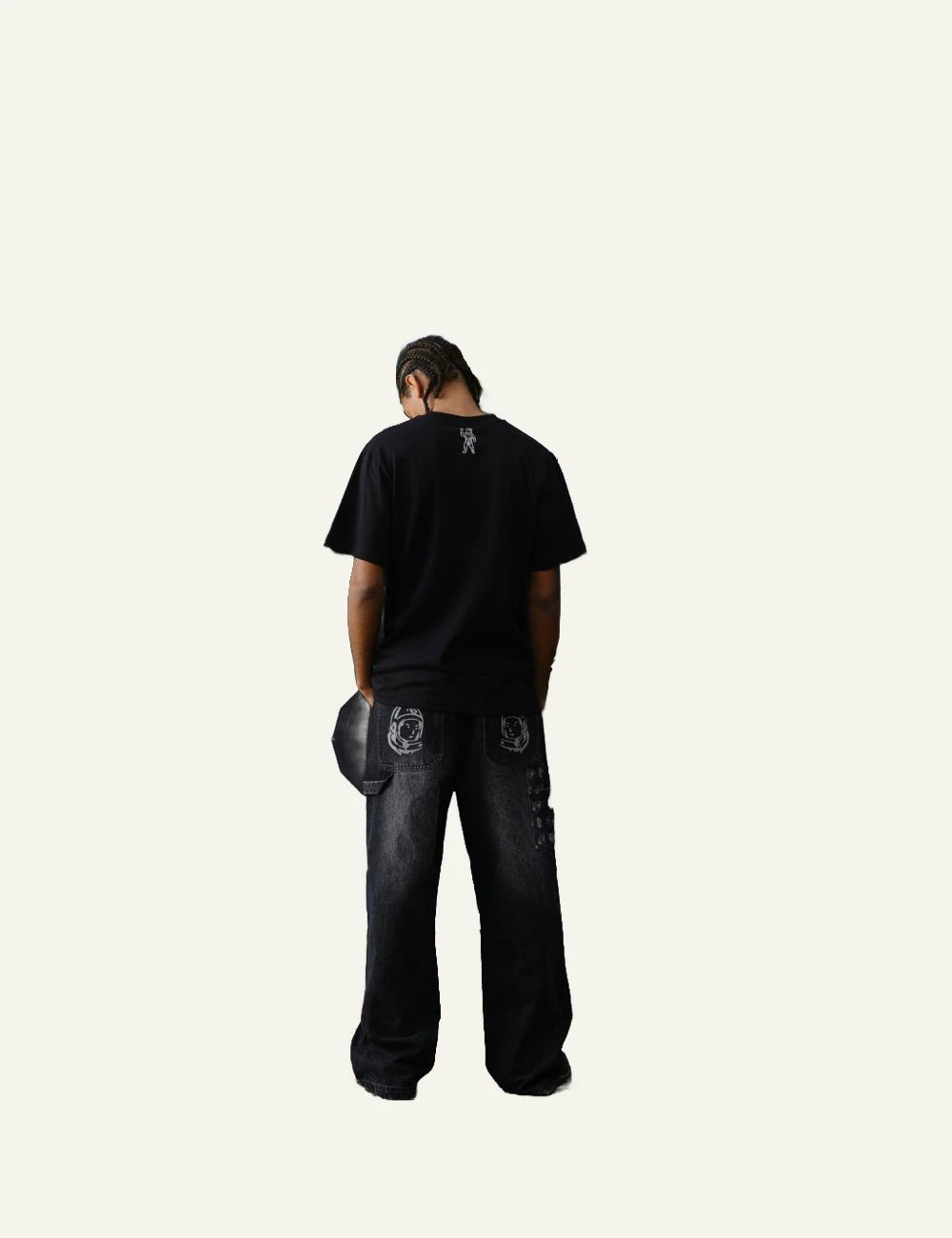 Black Denim Pants With Contrast Printed Patch Panels Back Model View