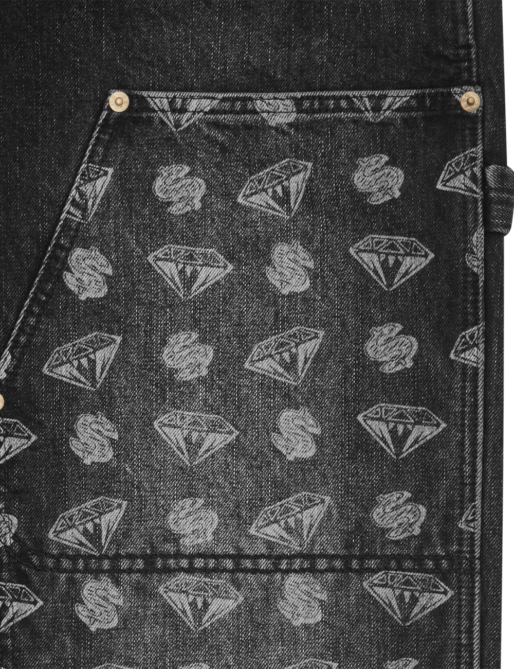 Black Denim Pants With Contrast Printed Patch Panels Details