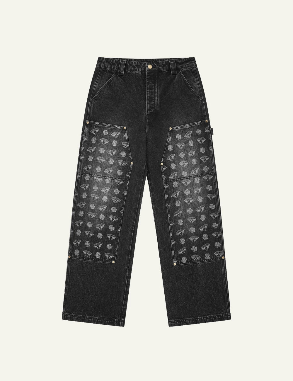 Black Denim Pants With Contrast Printed Patch Panels Fort Flat View