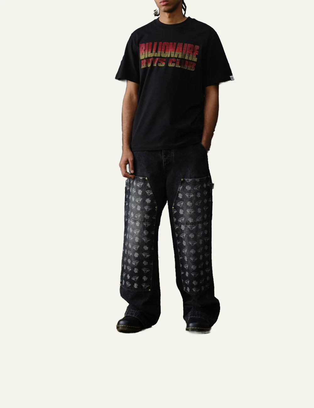 Black Denim Pants With Contrast Printed Patch Panels Front Model View