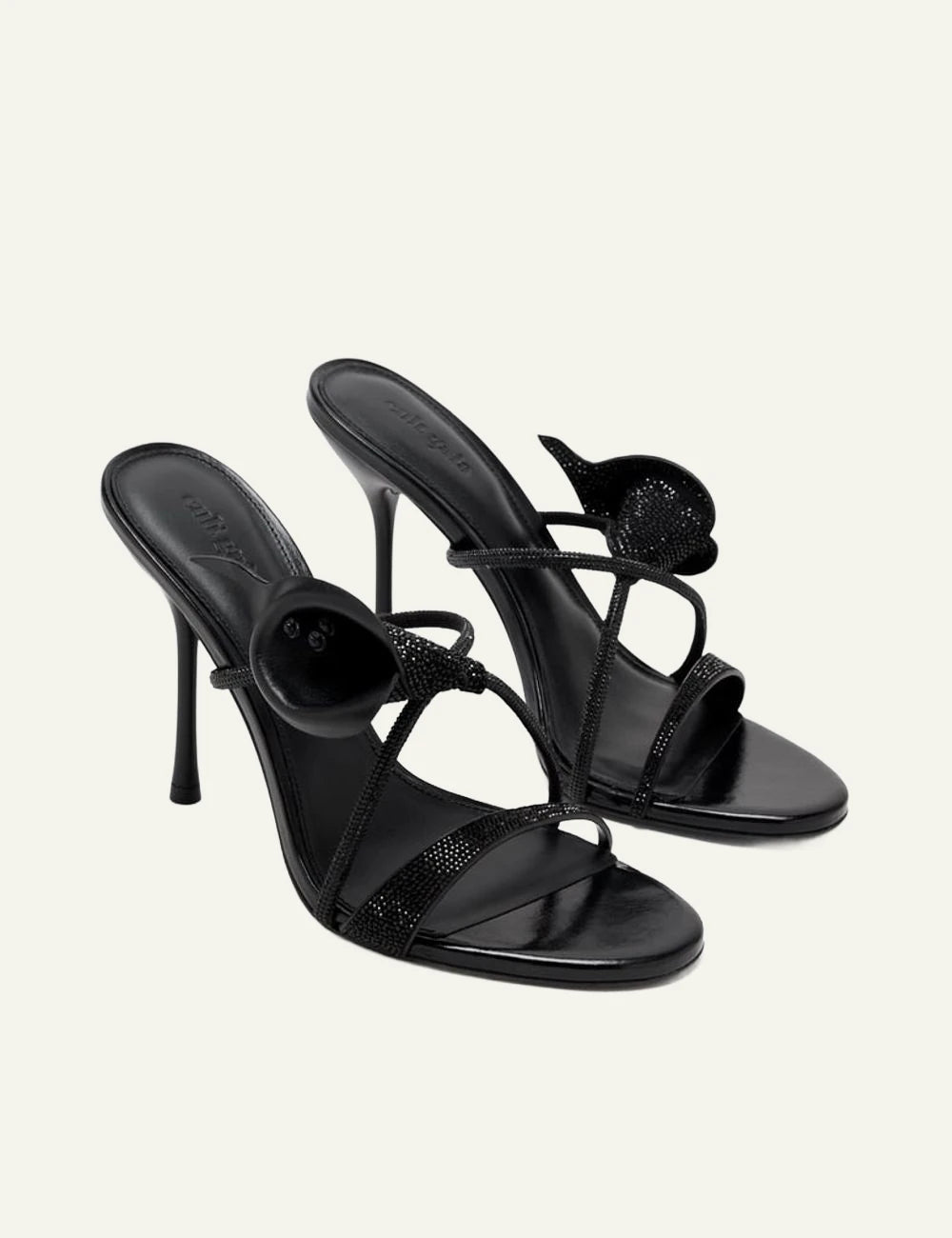Black embellished high heel sandals pair angled view