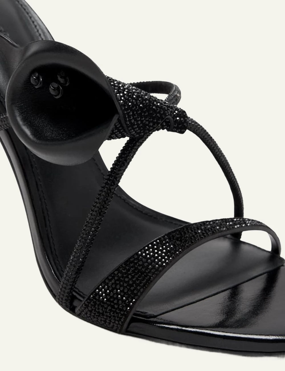 Black strappy high heel sandal crystal straps close up detail