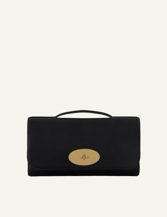 black leather clutch bag gold hardware front view