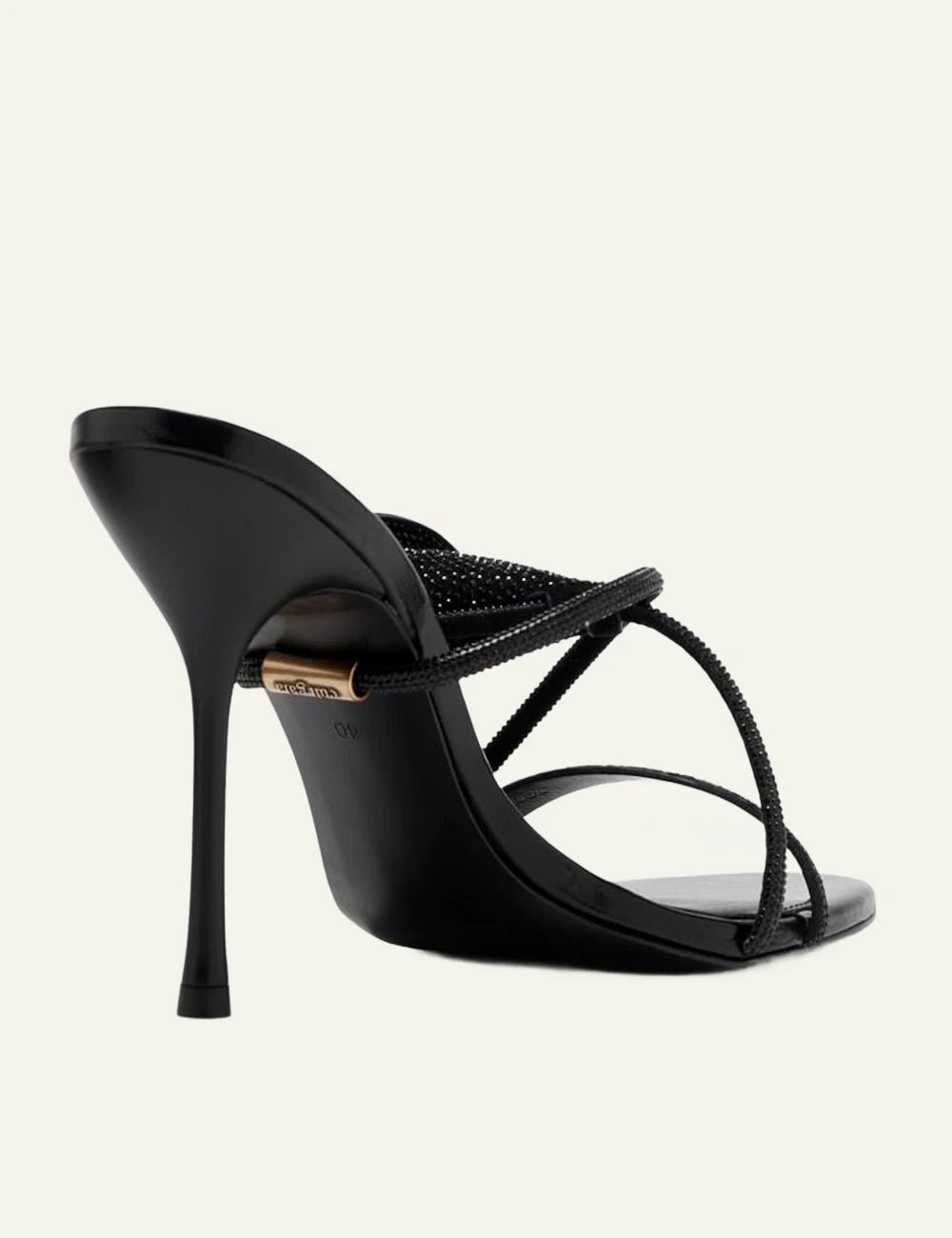 Black stiletto mule sandal side view slim heel design