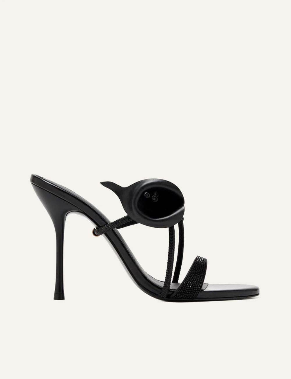 Black stiletto sandal side profile crystal strap detail