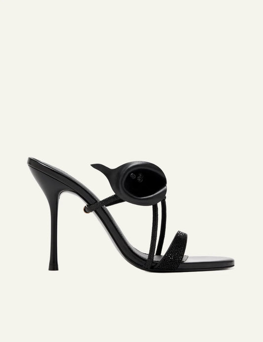 Black stiletto sandal side profile crystal strap detail