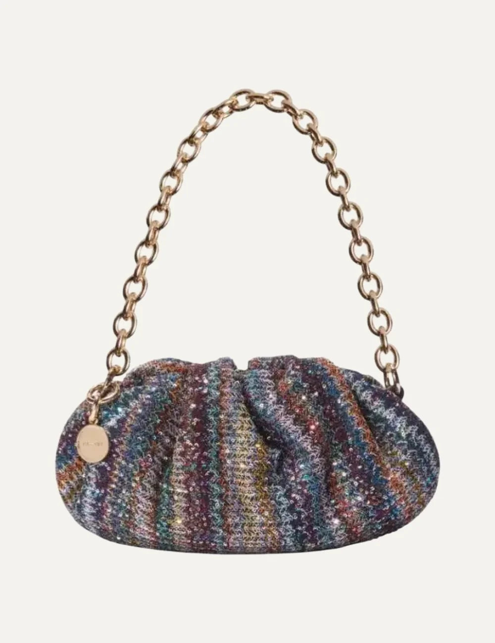 Missoni Small Pouch Caper multicolor sequined bag with gathered silhouette, gold chain handle and round logo charm.