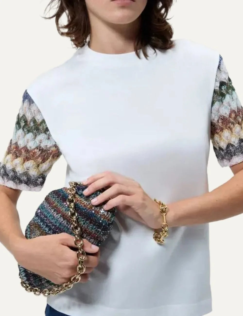 Missoni Small Pouch Caper multicolor sequined bag with gathered silhouette, gold chain handle and round logo charm model
