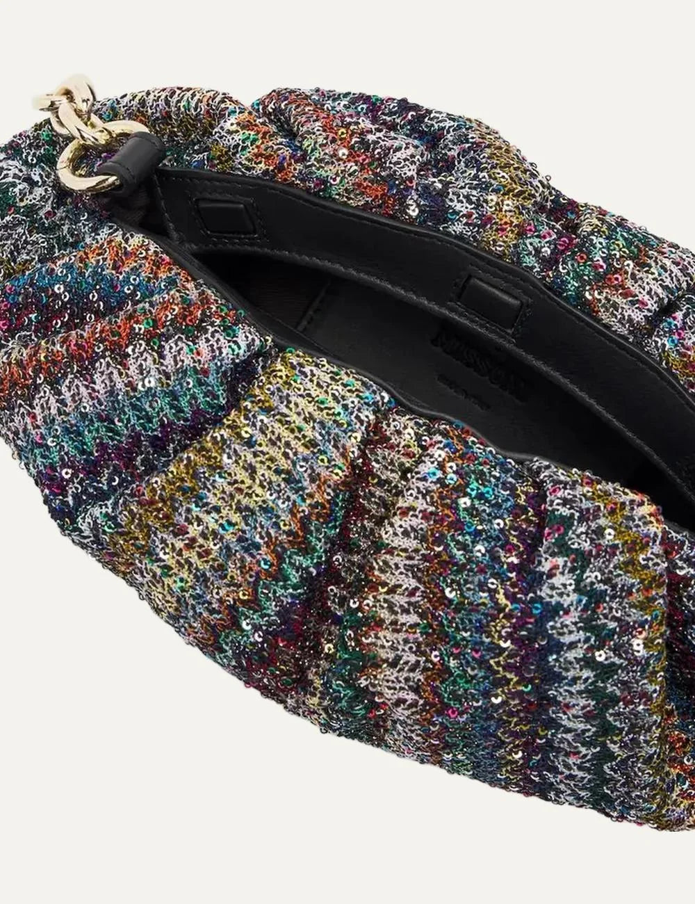 Missoni Small Pouch Caper multicolor sequined bag with gathered silhouette, gold chain handle and round logo charm top
