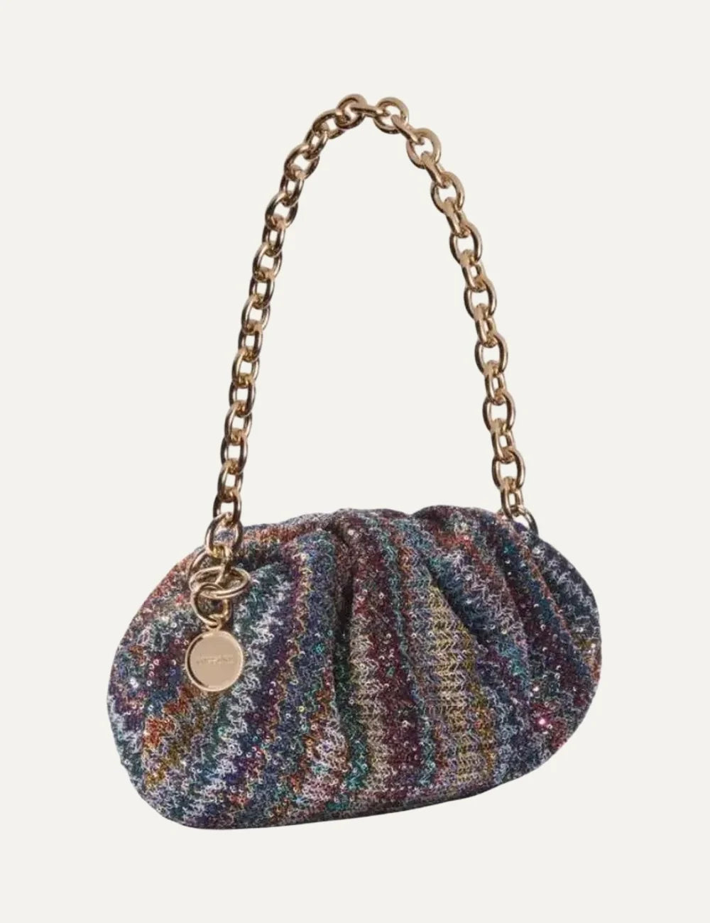 Missoni Small Pouch Caper multicolor sequined bag with gathered silhouette, gold chain handle and round logo charm side