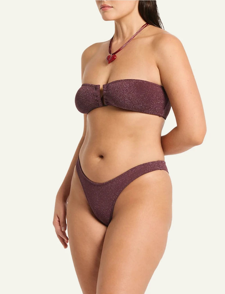 Bond Eye Blake Bandeau bikini top Amarena Lurex Micro front view strapless u bar shimmer side model view plus 