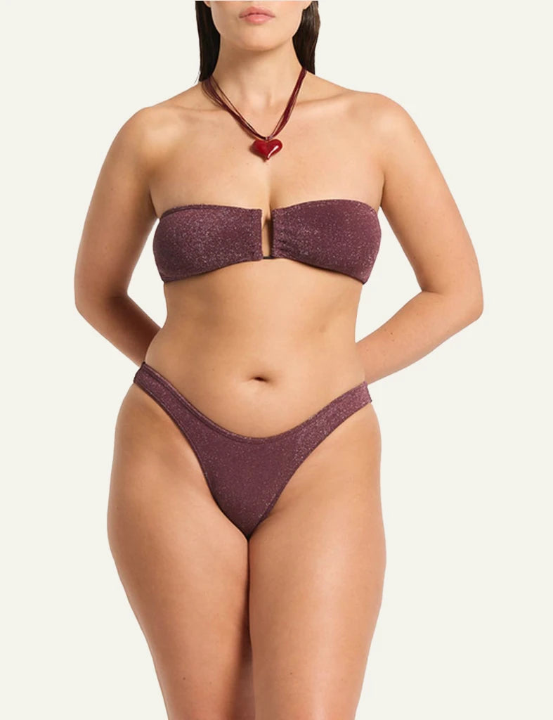 Bond Eye Blake Bandeau bikini top Amarena Lurex Micro front view strapless u bar shimmer fornt model view plus 