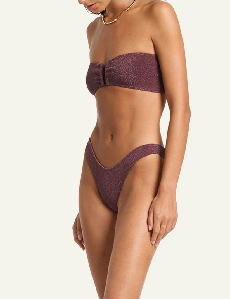 Bond Eye Blake Bandeau bikini top Amarena Lurex Micro front view strapless u bar shimmer side model view