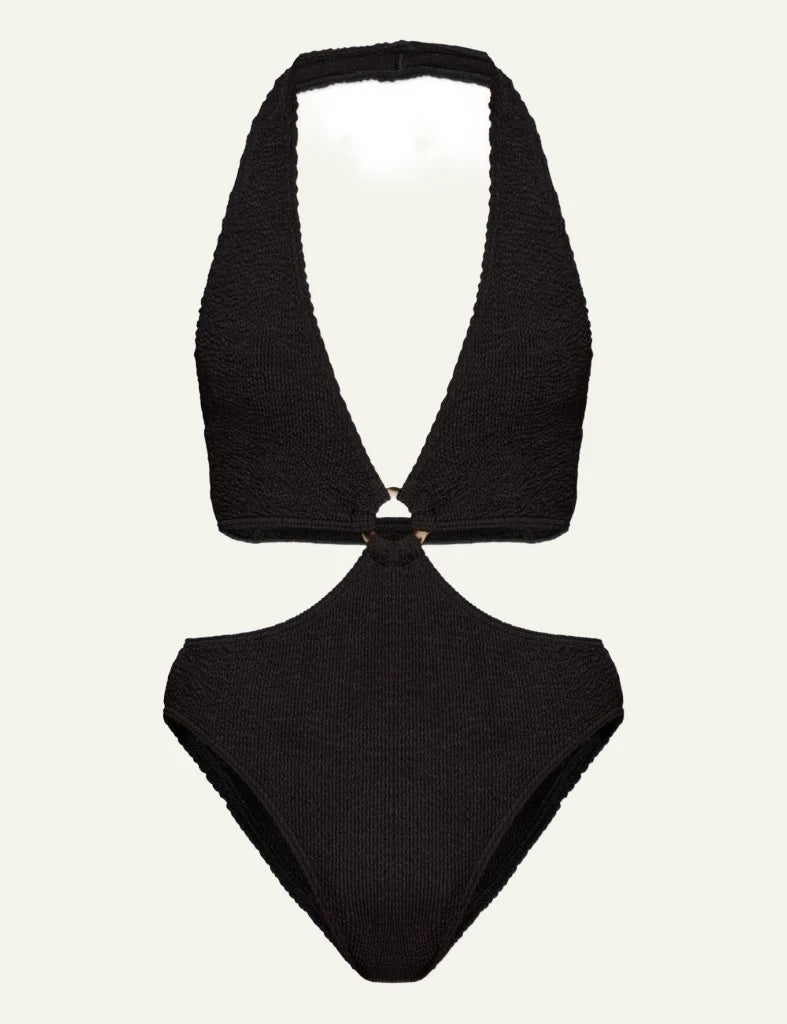Bond Eye Celeste one piece swimsuit black shimmer halterneck ring detail cut out front flat view