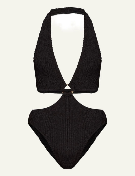 Bond Eye Celeste one piece swimsuit black shimmer halterneck ring detail cut out front flat view