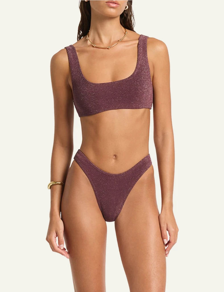 Bond Eye Christy Brief bikini bottom Amarena Lurex Micro back side view shimmer fabric front model view