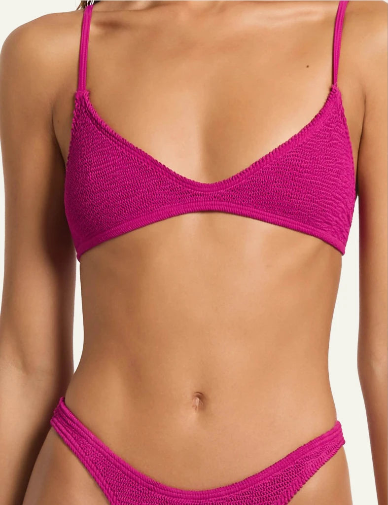 Bond Eye Edwards Crop bikini top magenta recycled front detail scoop neck close up front model view