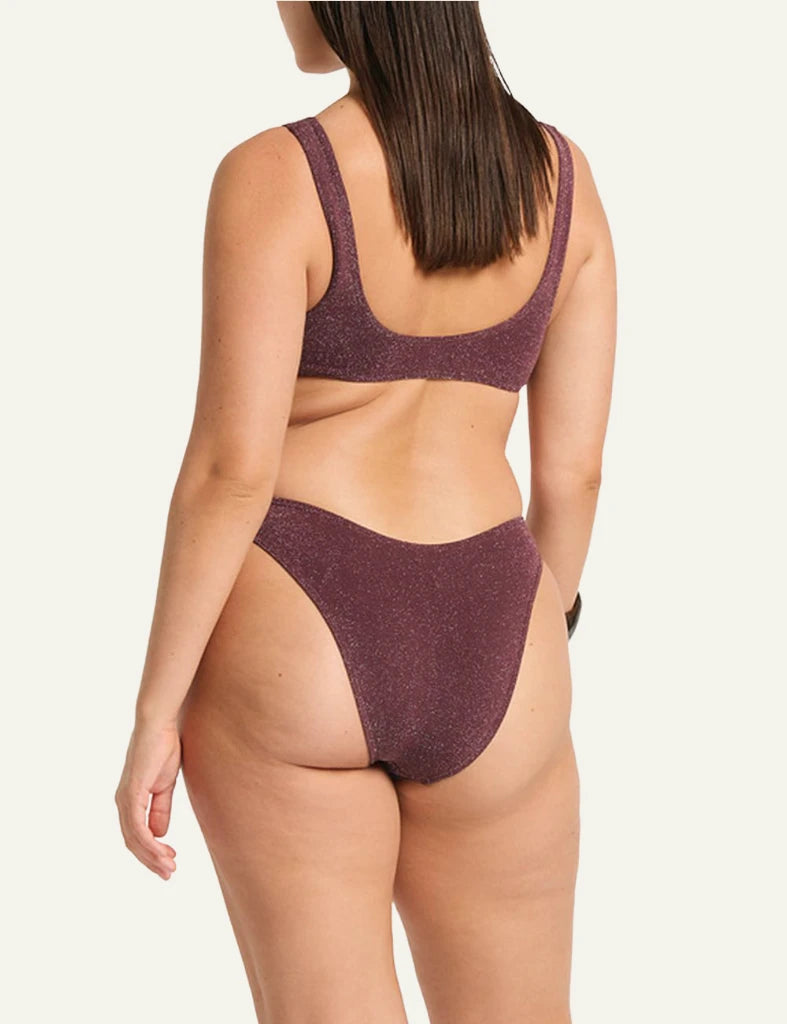 Bond Eye Malibu 2.0 Crop bikini top Amarena Lurex Micro front view square neck shimmer back model view plus 