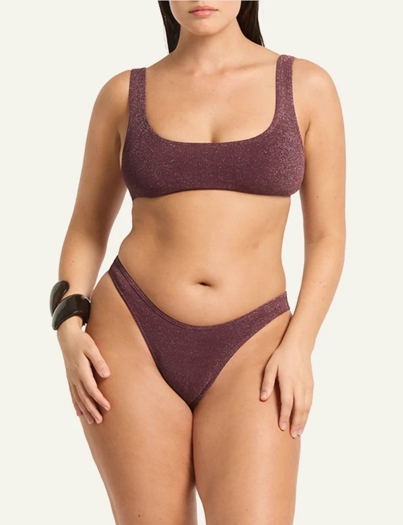 Bond Eye Malibu 2.0 Crop bikini top Amarena Lurex Micro front view square neck shimmer front model view