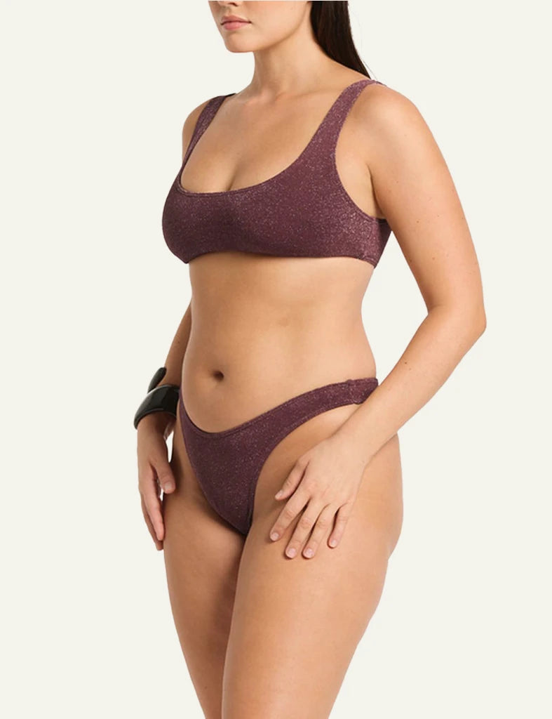 Bond Eye Malibu 2.0 Crop bikini top Amarena Lurex Micro front view square neck shimmer side model view plus 