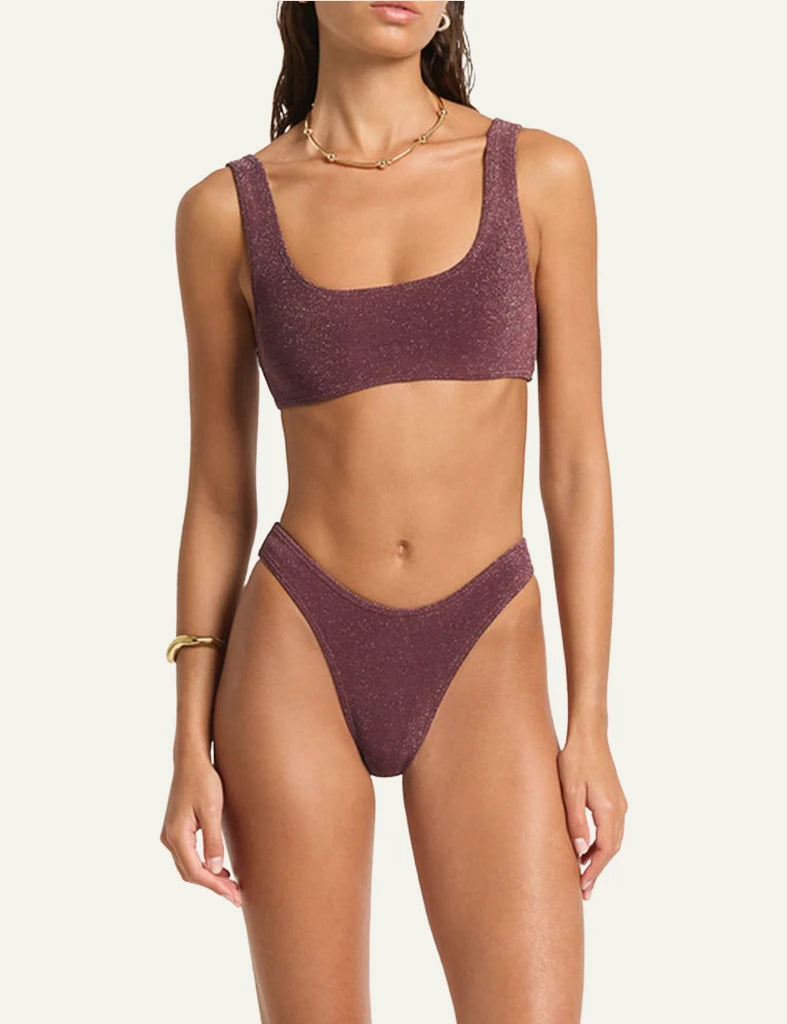 Bond Eye Malibu 2.0 Crop bikini top Amarena Lurex Micro front view square neck shimmer front model view