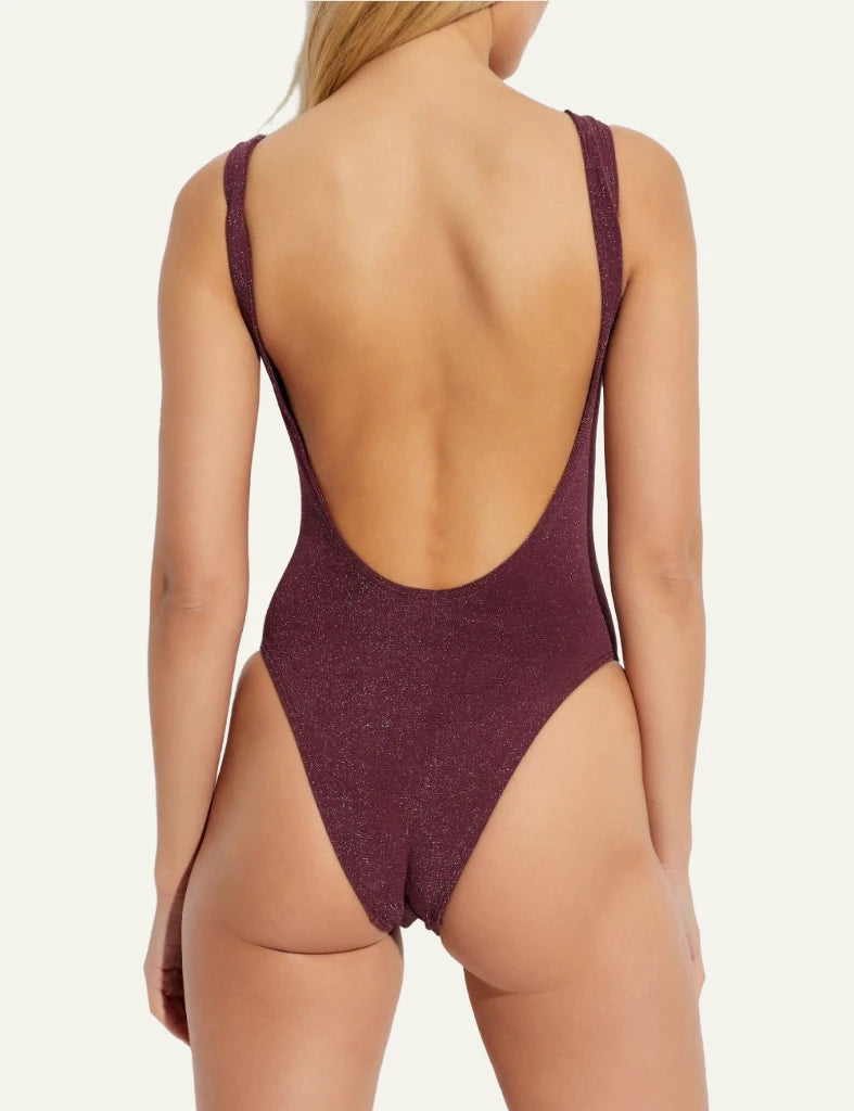 Bond Eye Ring Mara one piece swimsuit Amarena Lurex Micro front view v neck ring detail shimmer back model view