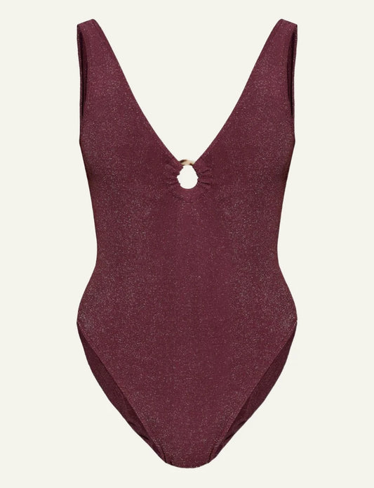 Bond Eye Ring Mara one piece swimsuit Amarena Lurex Micro front view v neck ring detail shimmer front flat view