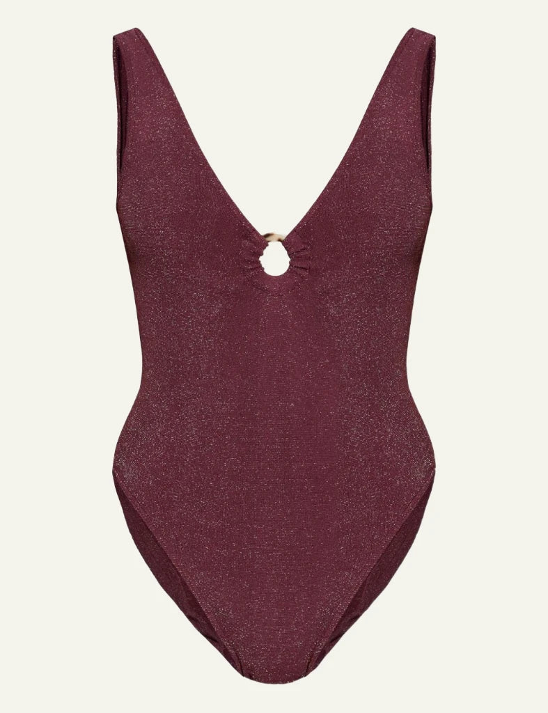 Bond Eye Ring Mara one piece swimsuit Amarena Lurex Micro front view v neck ring detail shimmer front flat view