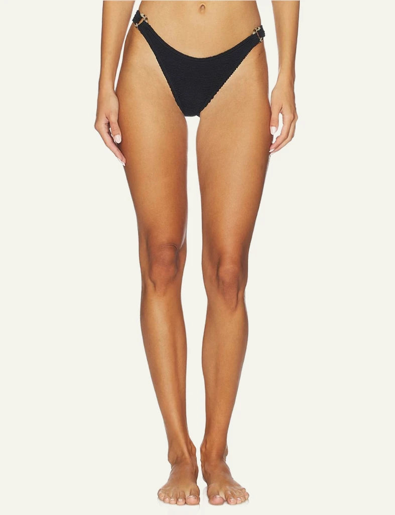 Bond Eye Ring Scene Brief bikini bottom black shimmer front view ring sides minimal front model view