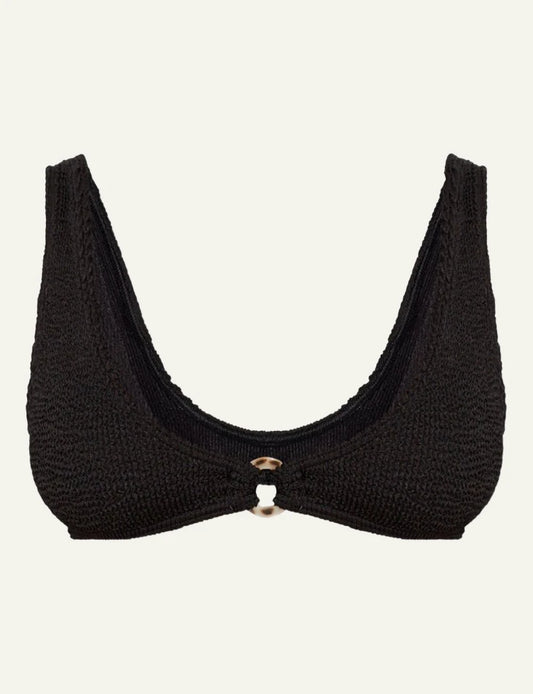 Bond Eye Ring Scout Crop bikini top black shimmer front view scoop neck ring detail textured front flat view
