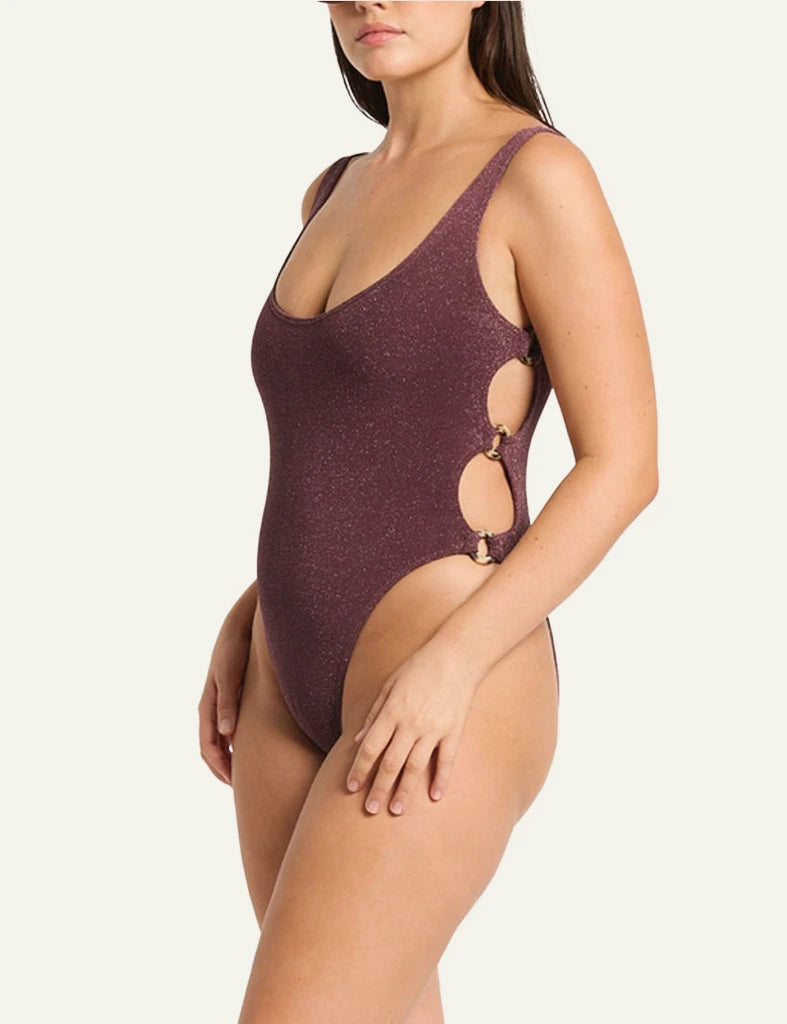 Bond Eye Ring Side Madison one piece swimsuit Amarena Lurex Micro front view scoop neck shimmerside model view plus