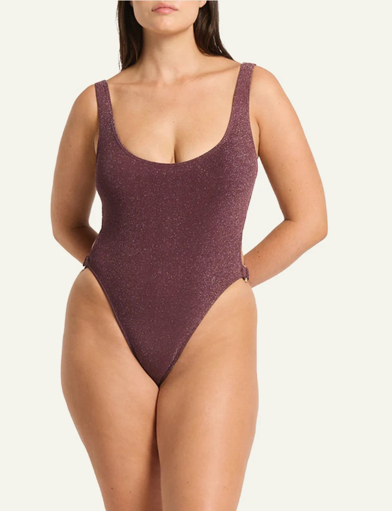Bond Eye Ring Side Madison one piece swimsuit Amarena Lurex Micro front view scoop neck shimmer front model view plus