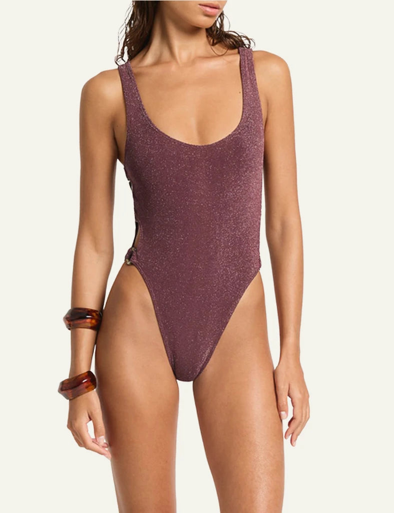 Bond Eye Ring Side Madison one piece swimsuit Amarena Lurex Micro front view scoop neck shimmer front model view