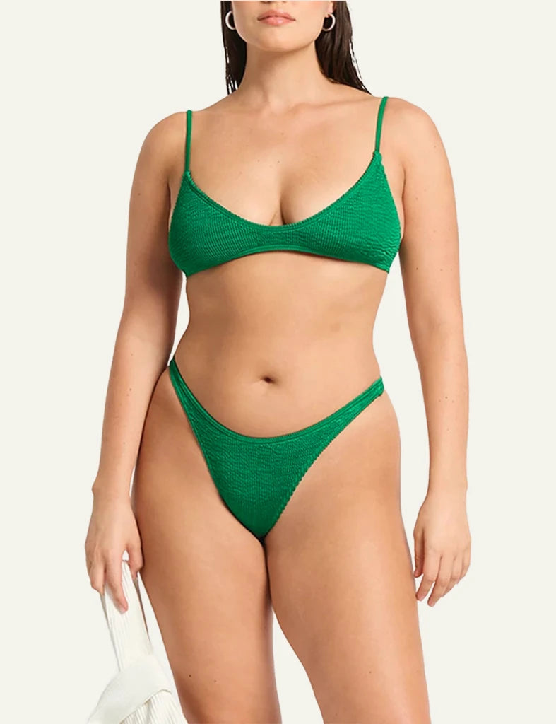 Bond Eye Edwards Crop bikini top emerald shimmer front view scoop neck minimal front model view