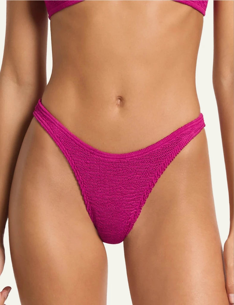 Bond Eye Scene Brief bikini bottom magenta recycled front detail crinkle texture high cut front model view