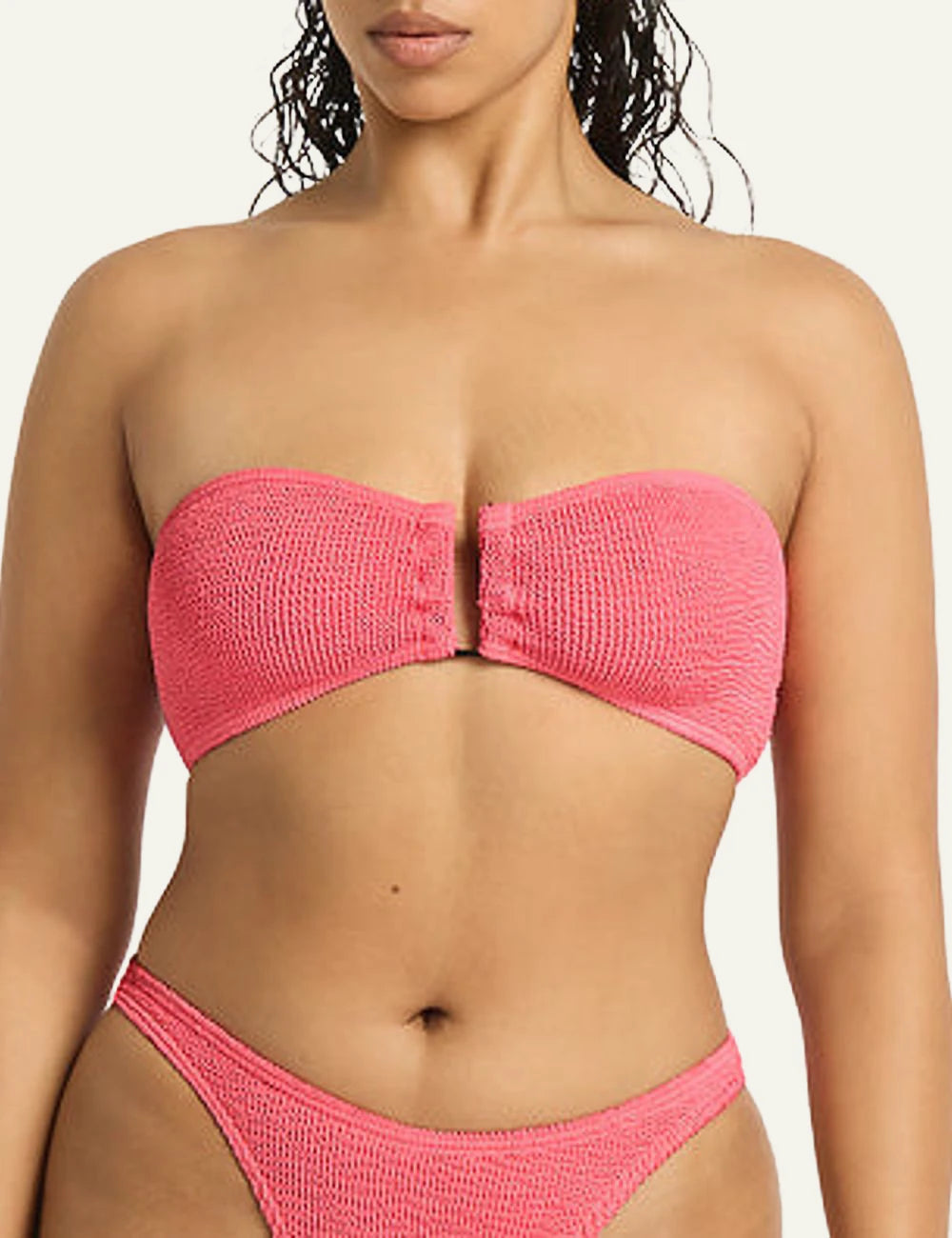 Bound Blake bandeau bikini top coral pink front model view