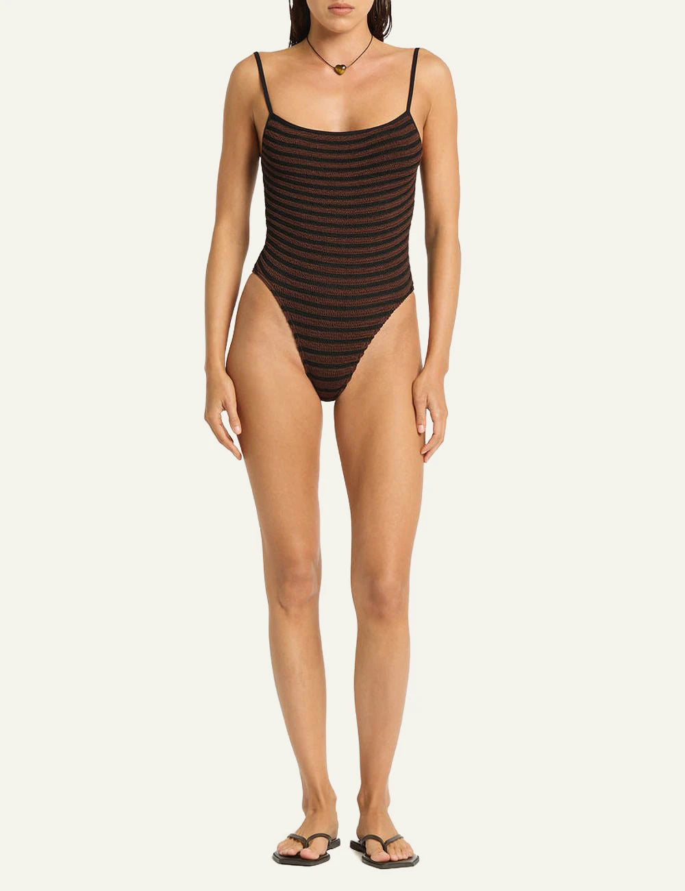 Bound Low Palace one piece carob stripe front view