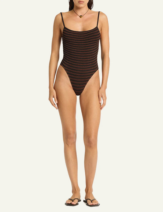 Bound Low Palace one piece carob stripe front view