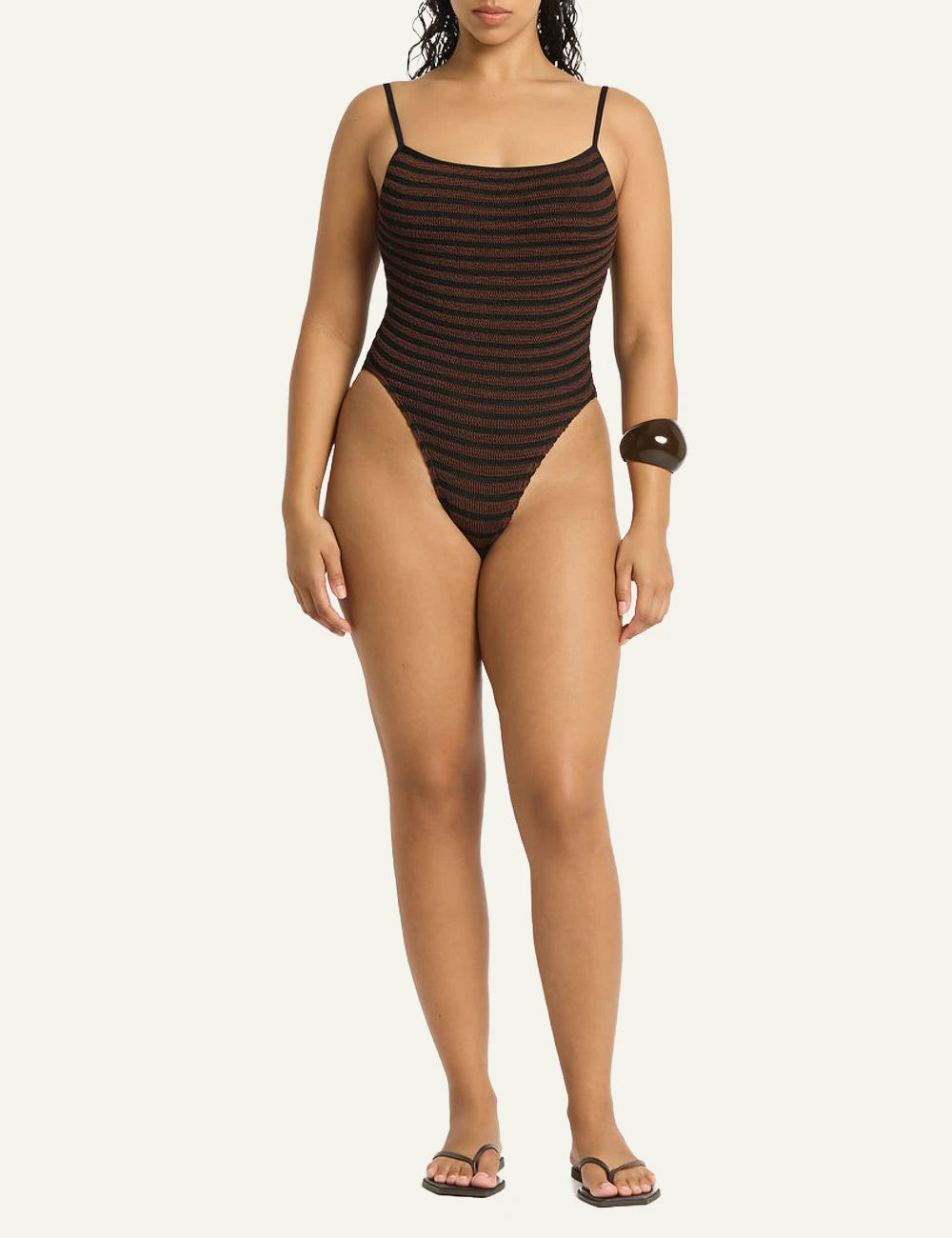 Bound Low Palace one piece carob stripe front model view