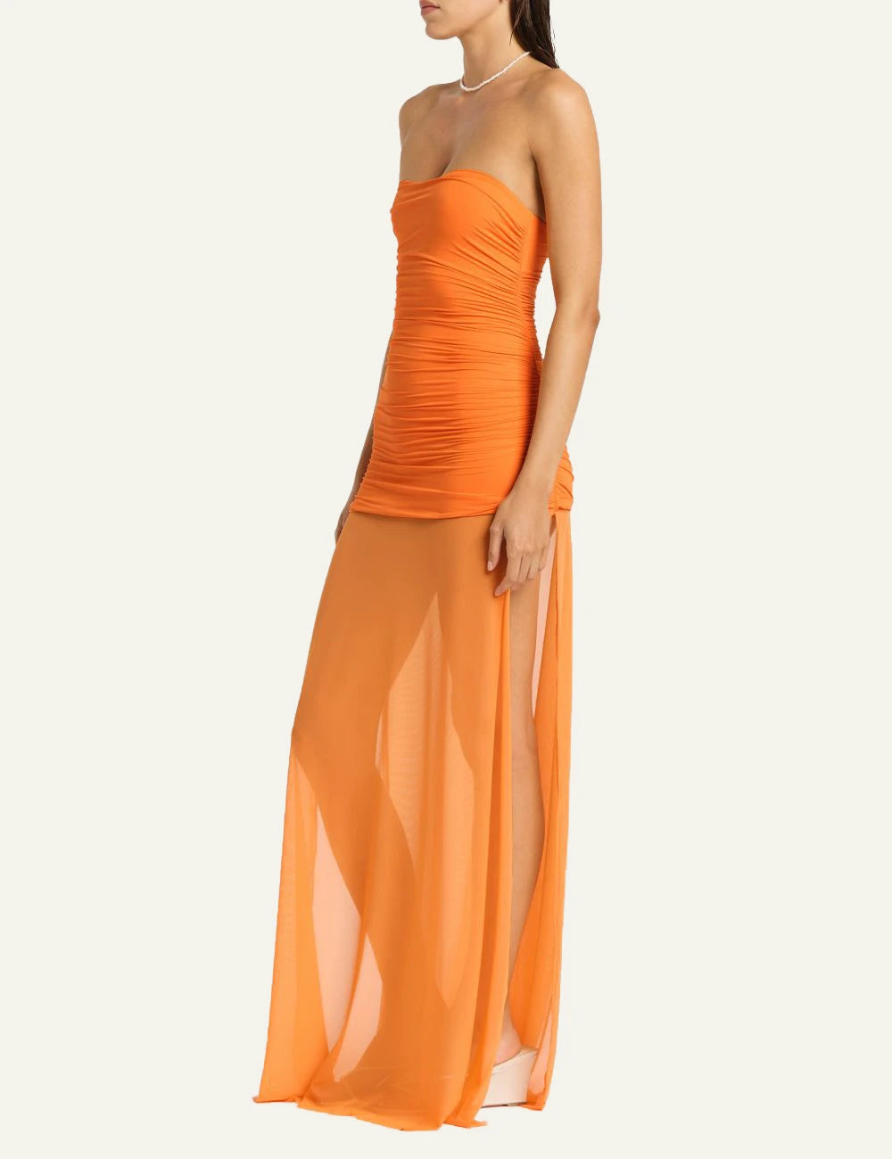 Bound mandarin strapless mesh maxi dress side view