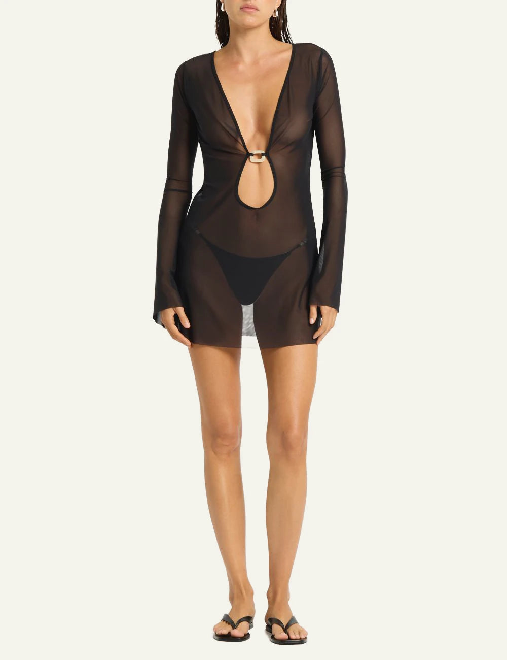 Bound mesh mini dress black front view