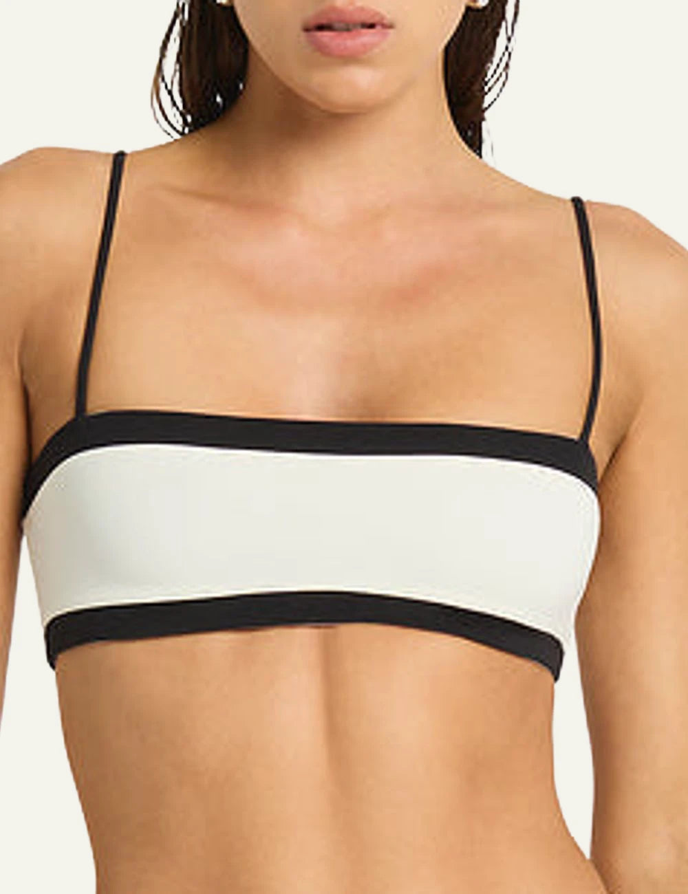 Bound reversible bandeau bikini top black coconut front model view